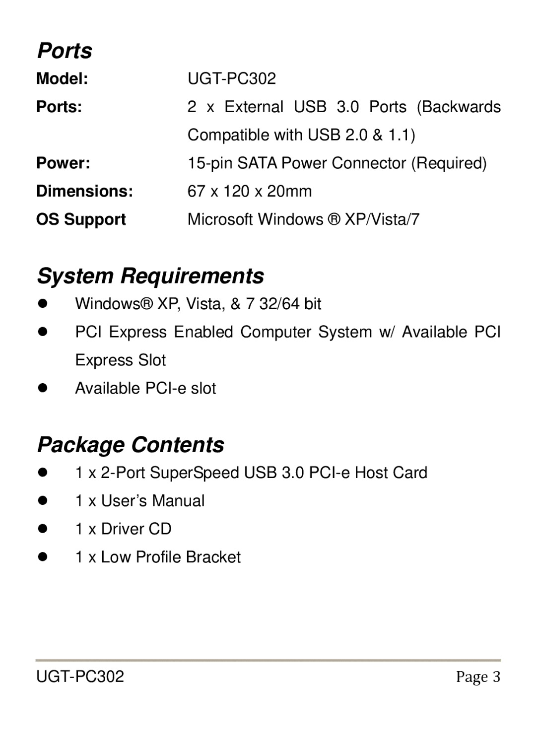 Vantec UGT-PC302 user manual Ports, System Requirements, Package Contents 