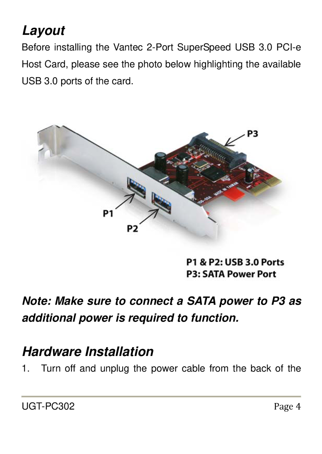 Vantec UGT-PC302 user manual Layout, Hardware Installation 