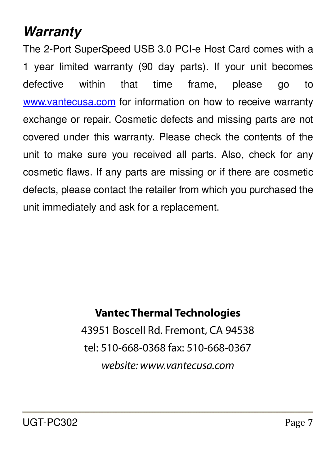 Vantec UGT-PC302 user manual Warranty 