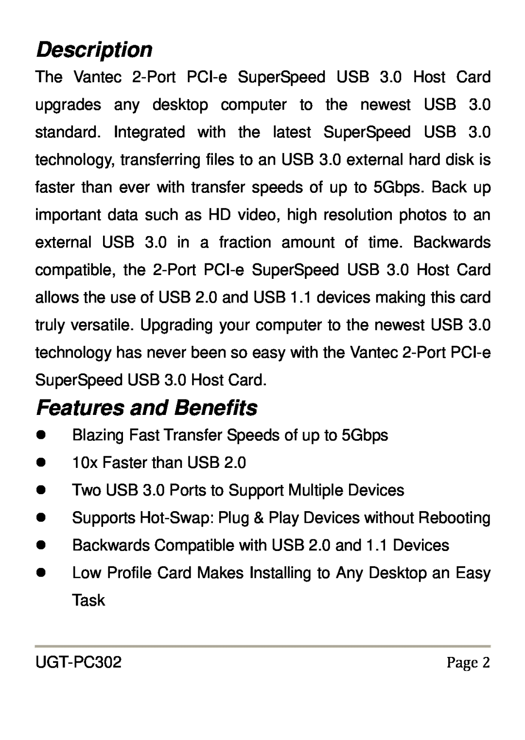 Vantec UGT-PC302 user manual Description, Features and Benefits 