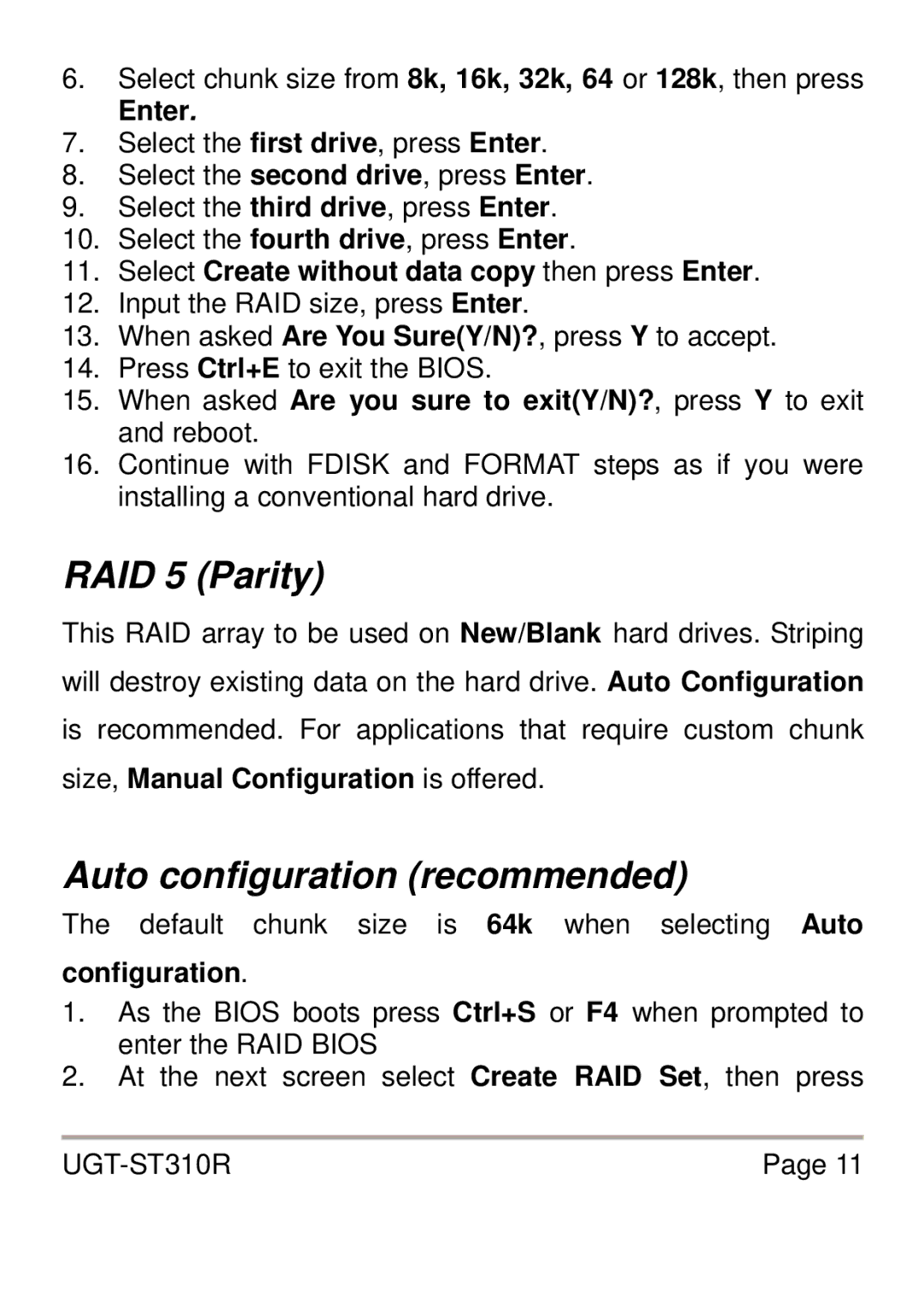 Vantec UGT-ST310R user manual RAID 5 Parity, Select Create without data copy then press Enter 