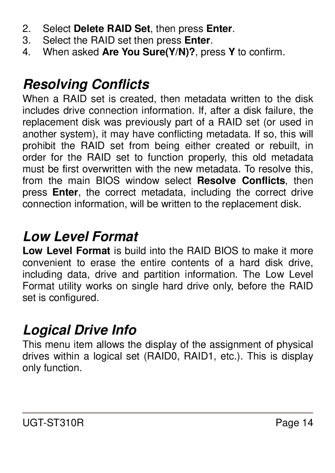 Vantec UGT-ST310R user manual Resolving Conflicts, Low Level Format, Logical Drive Info 