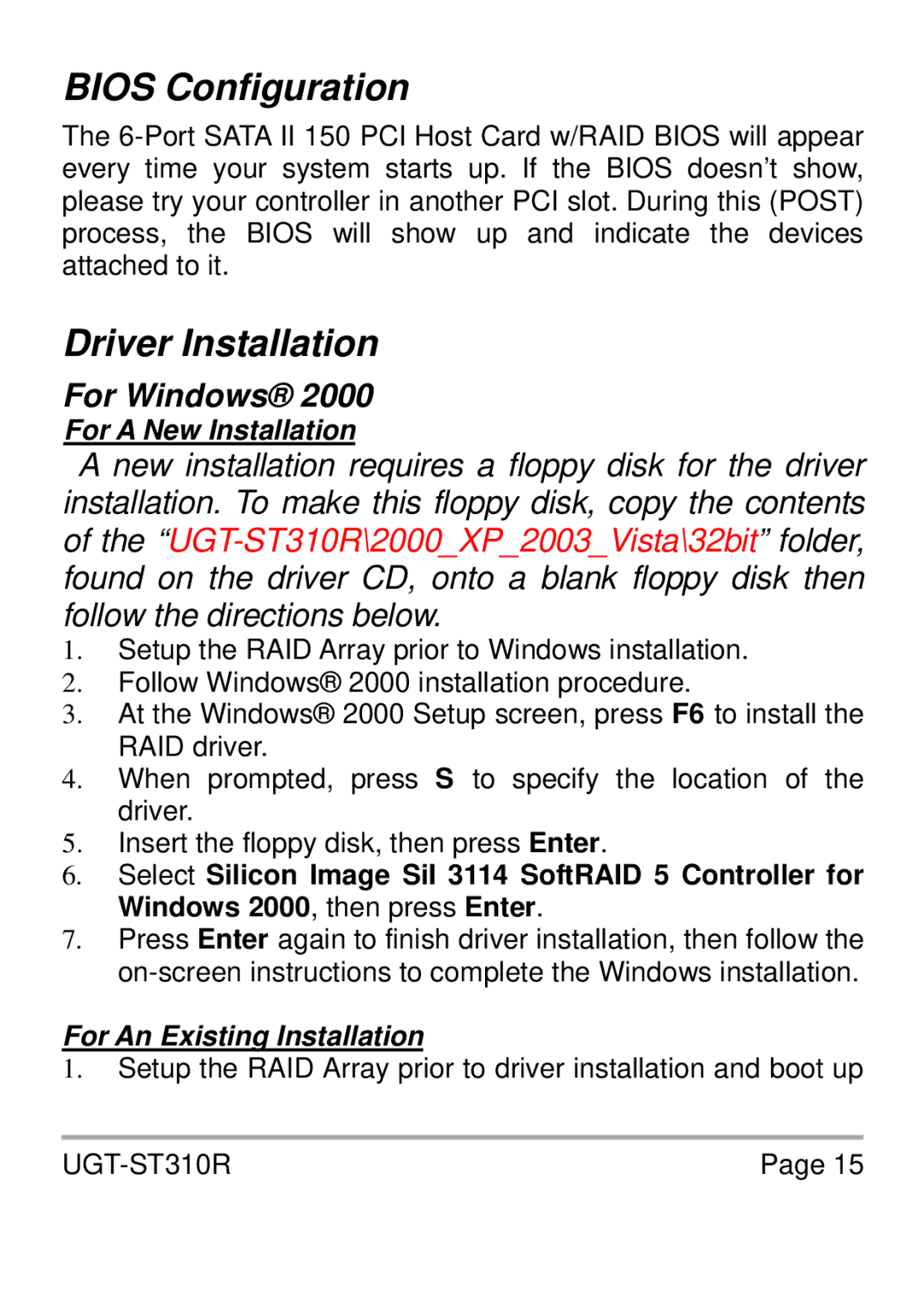 Vantec UGT-ST310R user manual Bios Configuration, Driver Installation, For Windows 