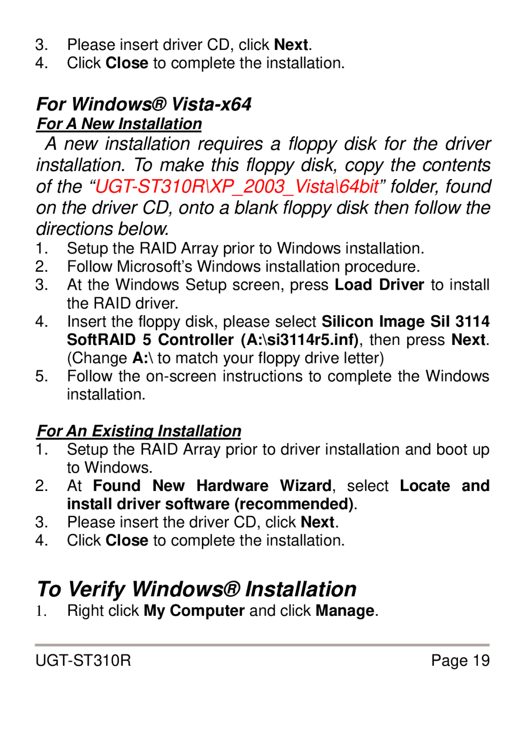 Vantec UGT-ST310R user manual To Verify Windows Installation, For Windows Vista-x64 