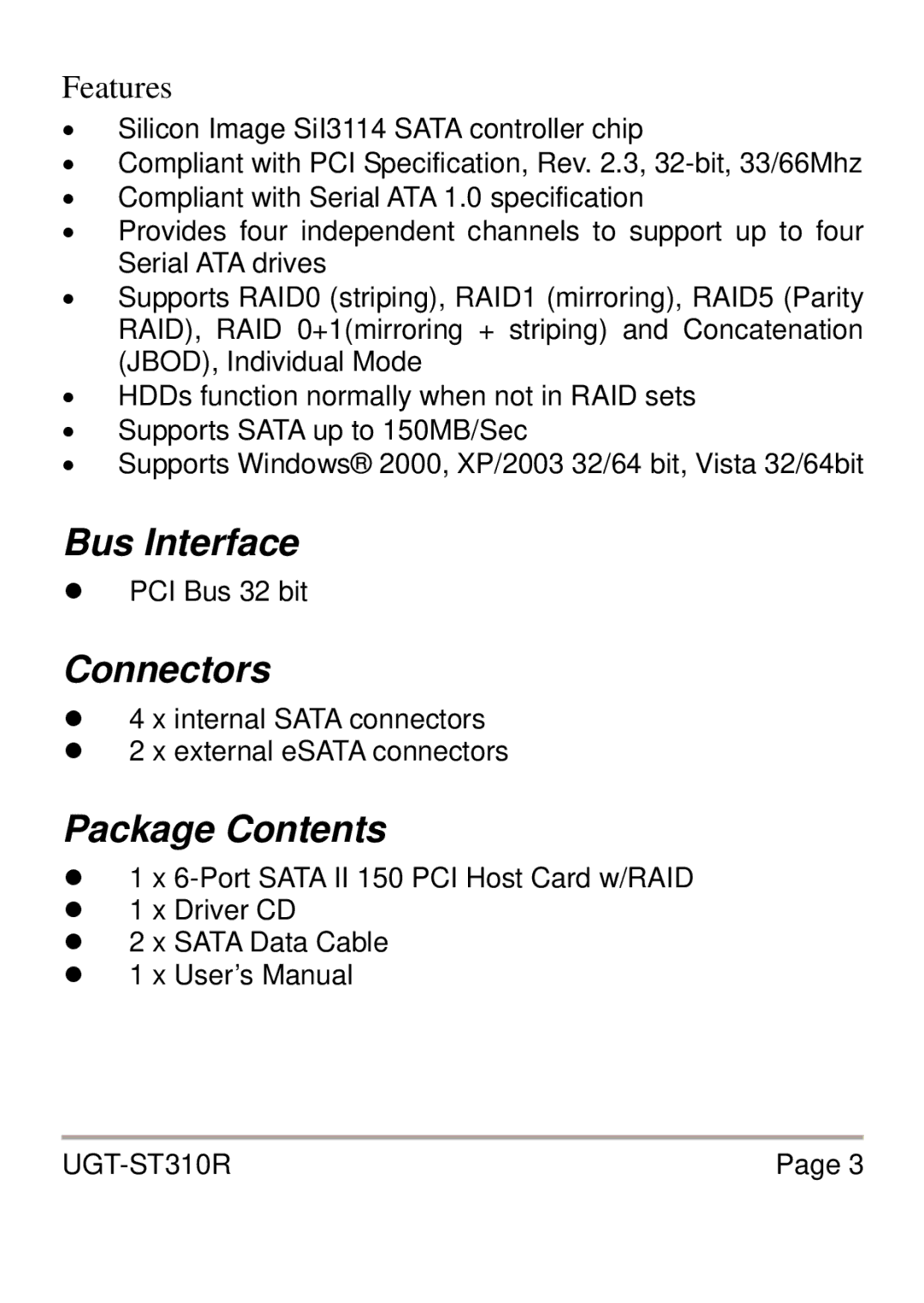 Vantec UGT-ST310R user manual Bus Interface, Connectors, Package Contents 