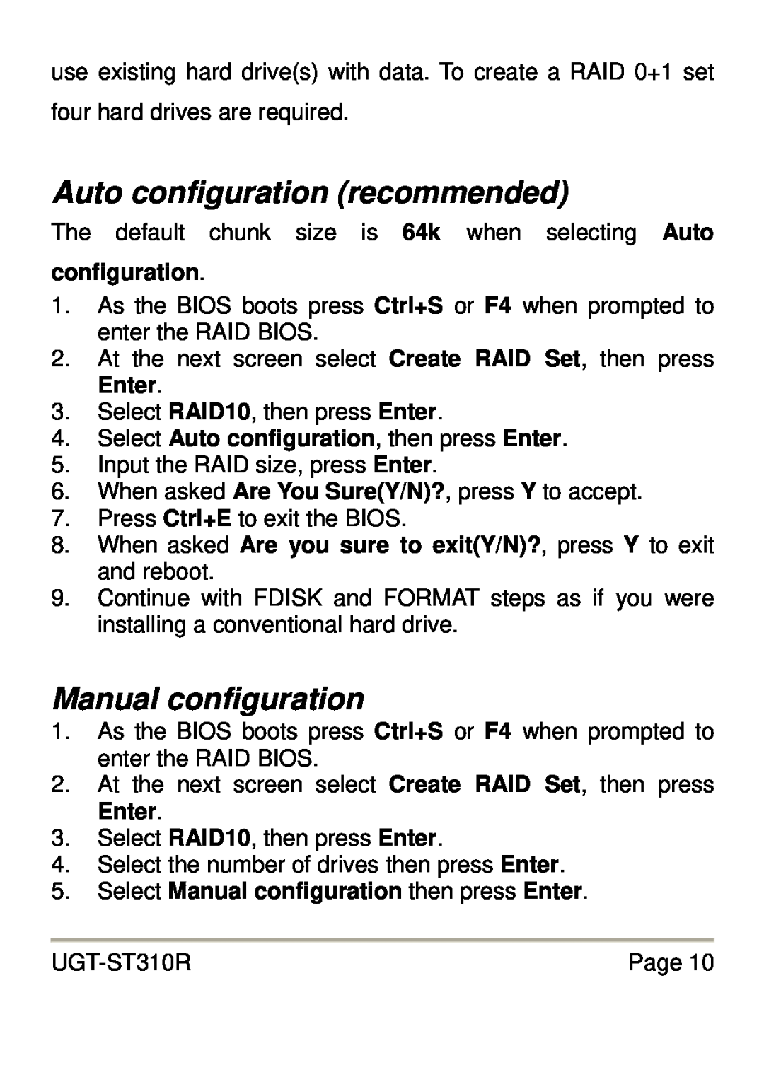 Vantec UGT-ST310R Auto configuration recommended, Manual configuration, Select Auto configuration, then press Enter 