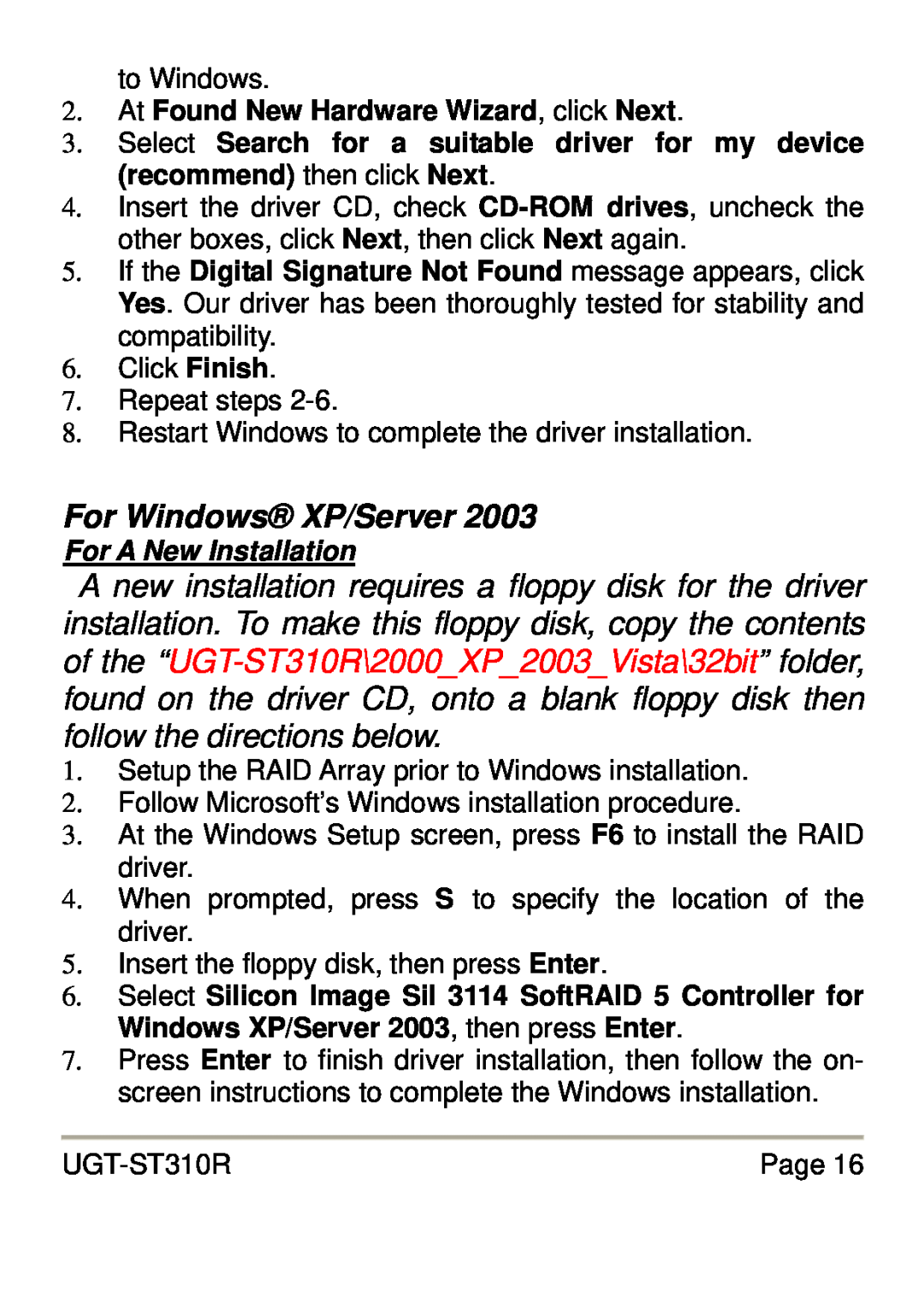Vantec UGT-ST310R user manual For Windows XP/Server, At Found New Hardware Wizard, click Next, For A New Installation 