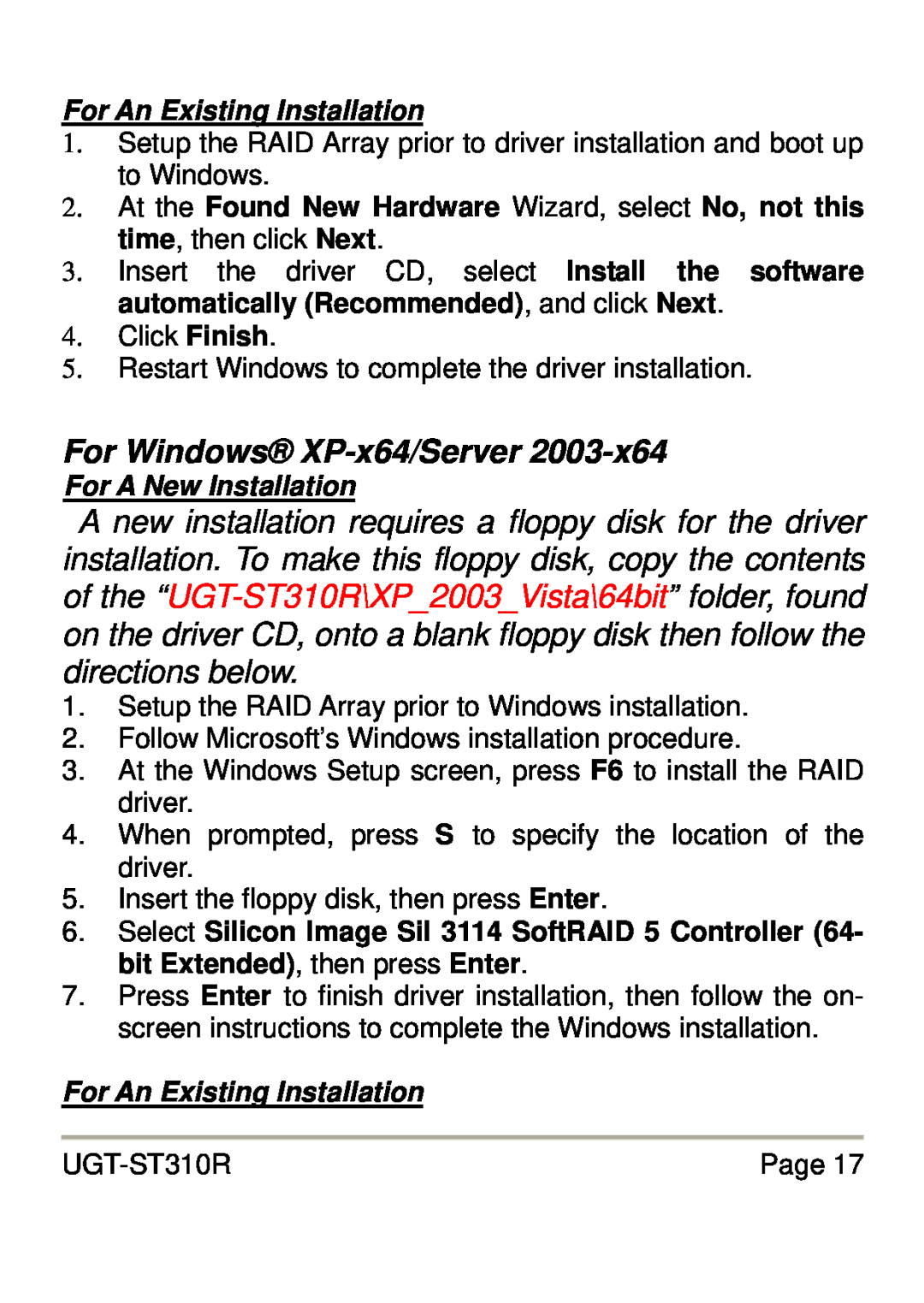 Vantec UGT-ST310R user manual For Windows XP-x64/Server, For An Existing Installation, For A New Installation 
