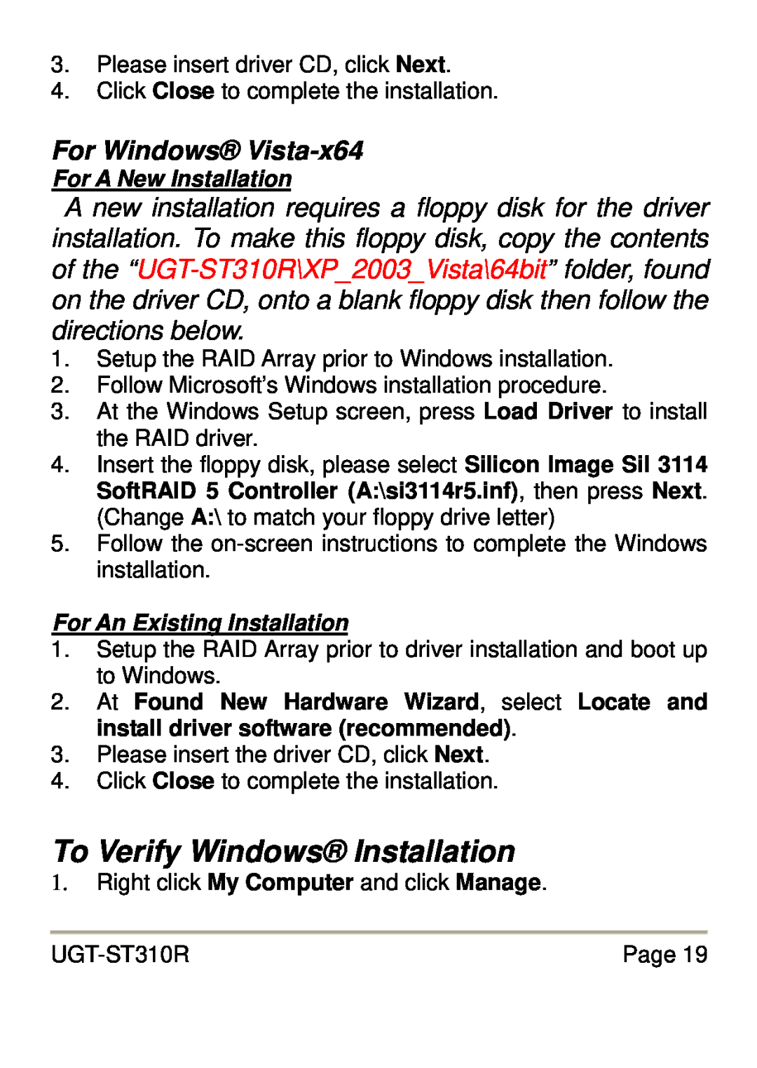 Vantec UGT-ST310R user manual To Verify Windows Installation, For Windows Vista-x64, For A New Installation 