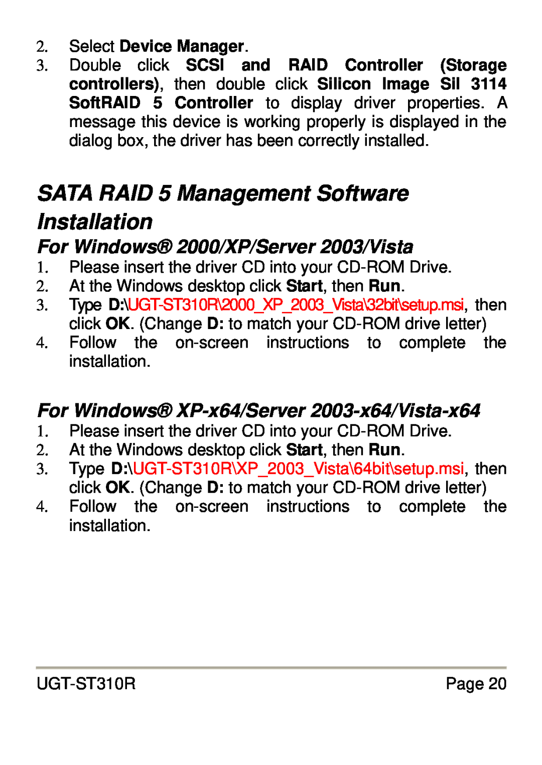 Vantec UGT-ST310R user manual SATA RAID 5 Management Software Installation, For Windows 2000/XP/Server 2003/Vista 