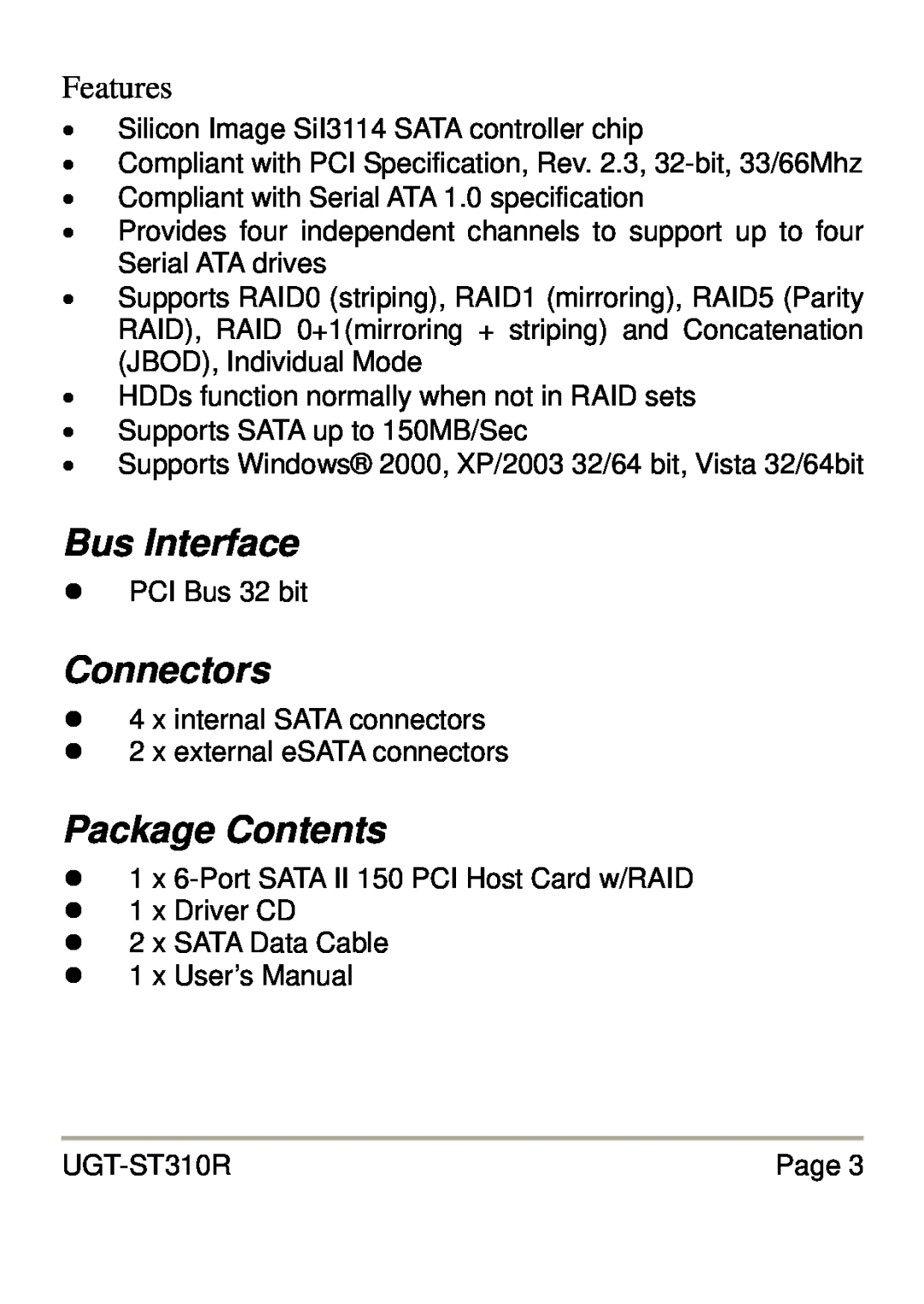 Vantec UGT-ST310R user manual Bus Interface, Connectors, Package Contents, Features 