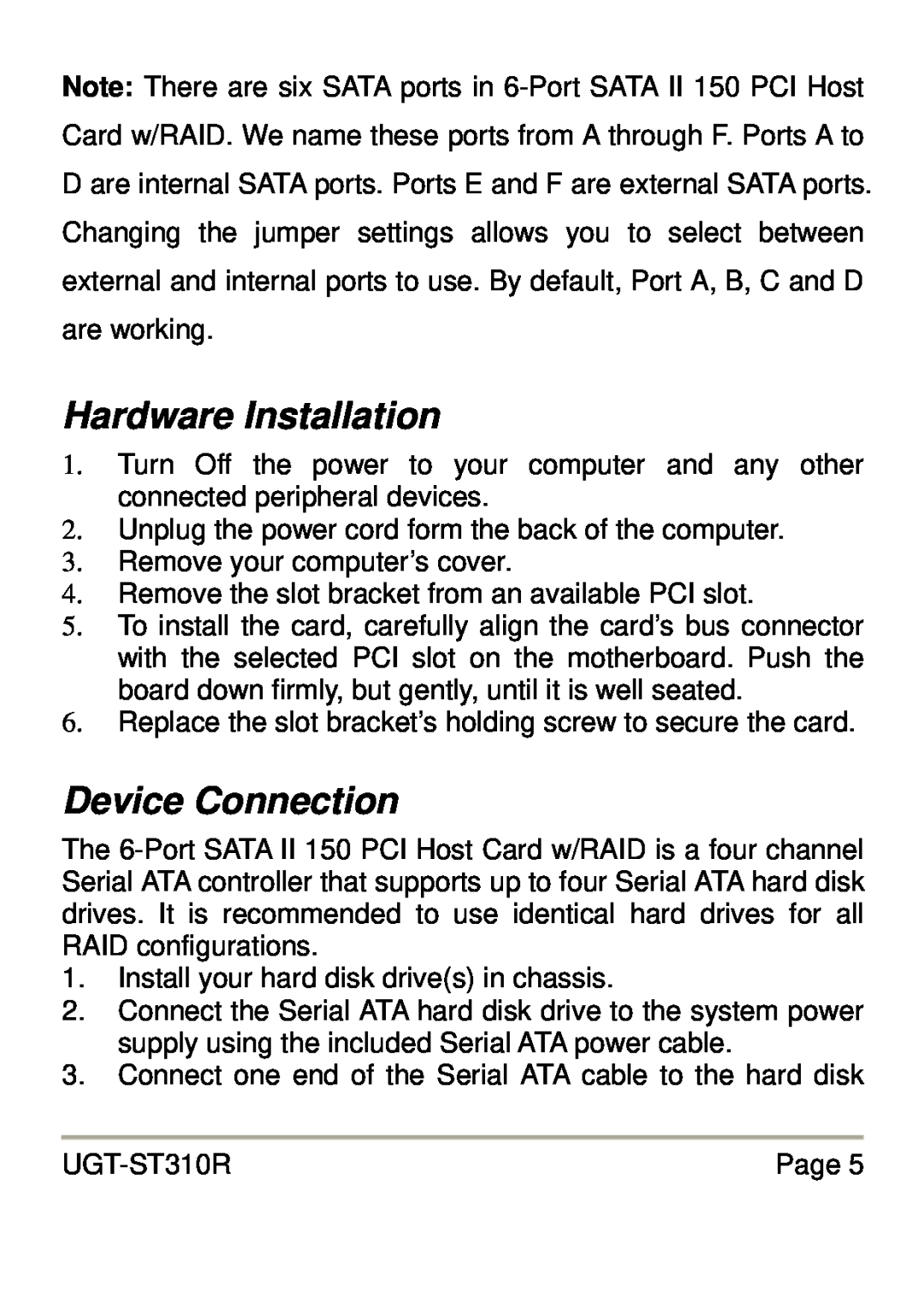 Vantec UGT-ST310R user manual Hardware Installation, Device Connection 