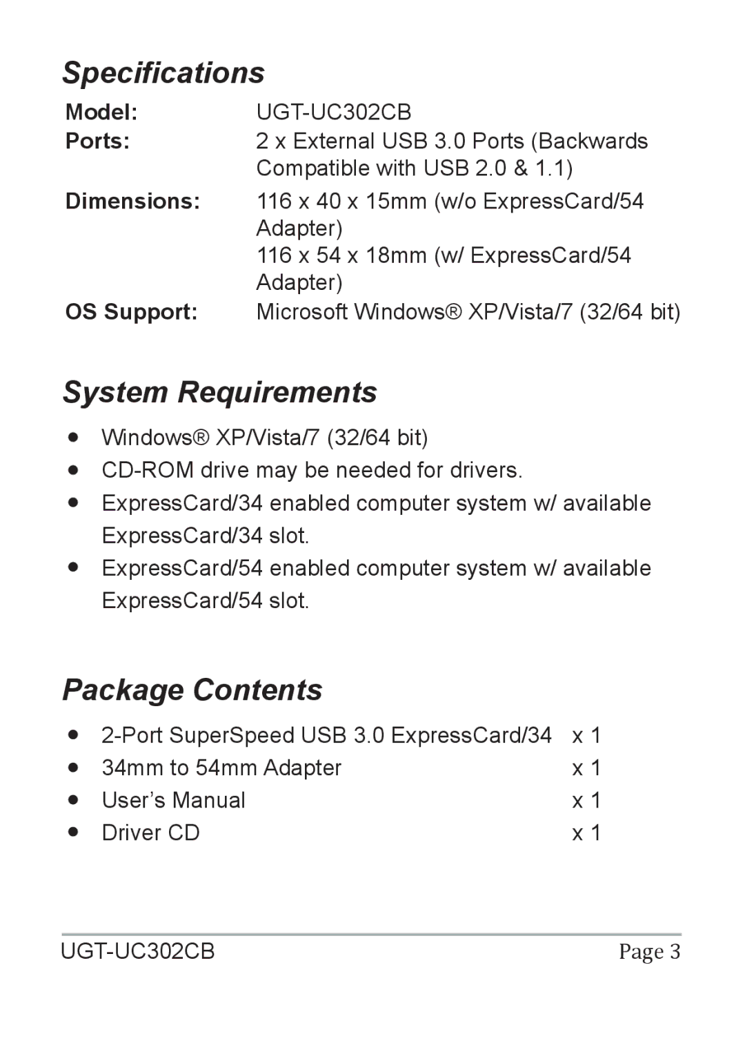 Vantec UGT-UC302CB user manual Specifications, System Requirements, Package Contents 