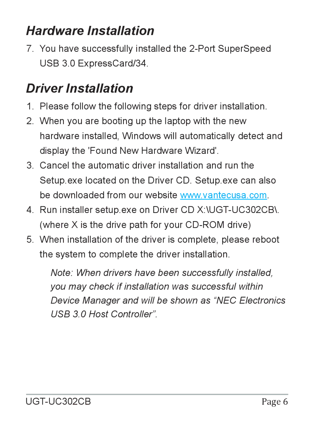 Vantec UGT-UC302CB user manual Driver Installation 