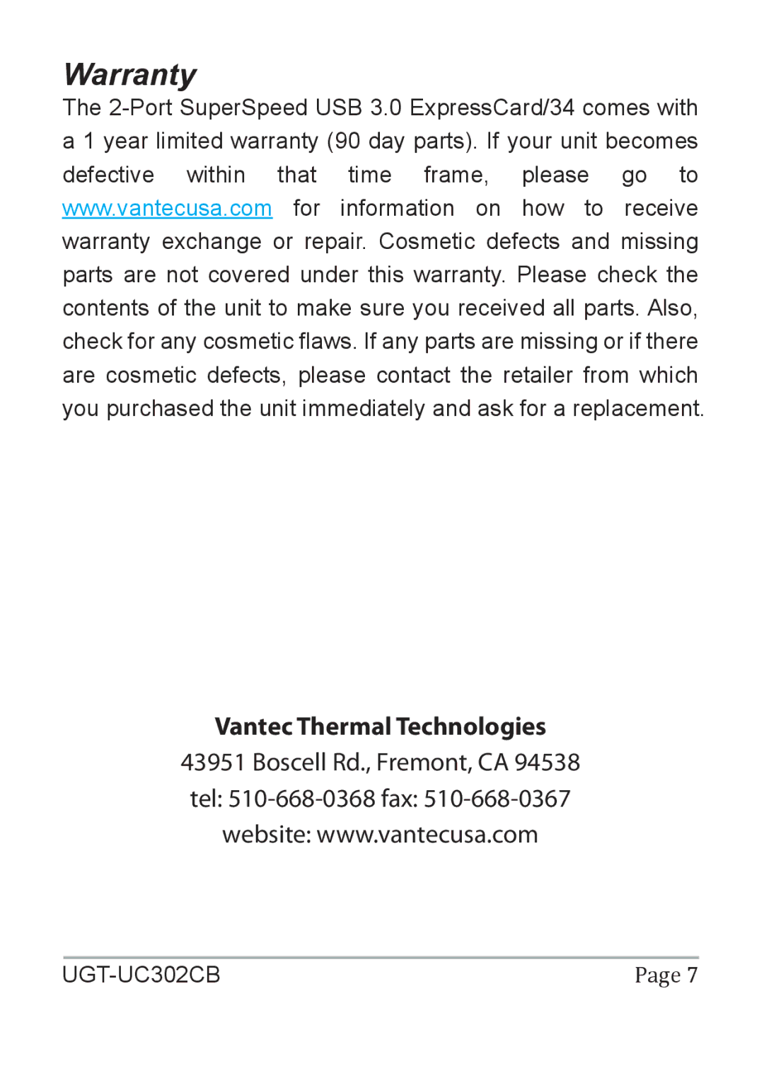 Vantec UGT-UC302CB user manual Warranty 