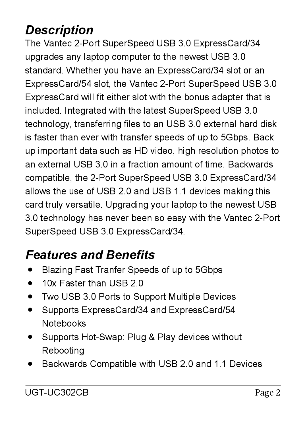 Vantec UGT-UC302CB user manual Description, Features and Benefits 