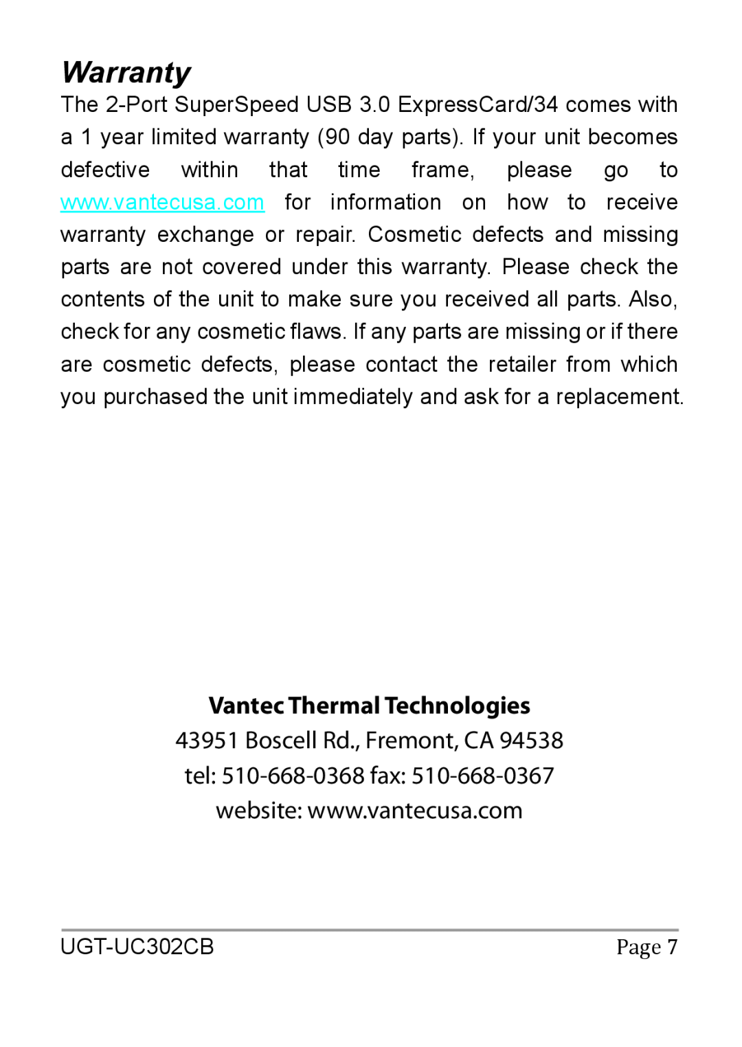 Vantec UGT-UC302CB user manual Warranty, Vantec Thermal Technologies, Page 