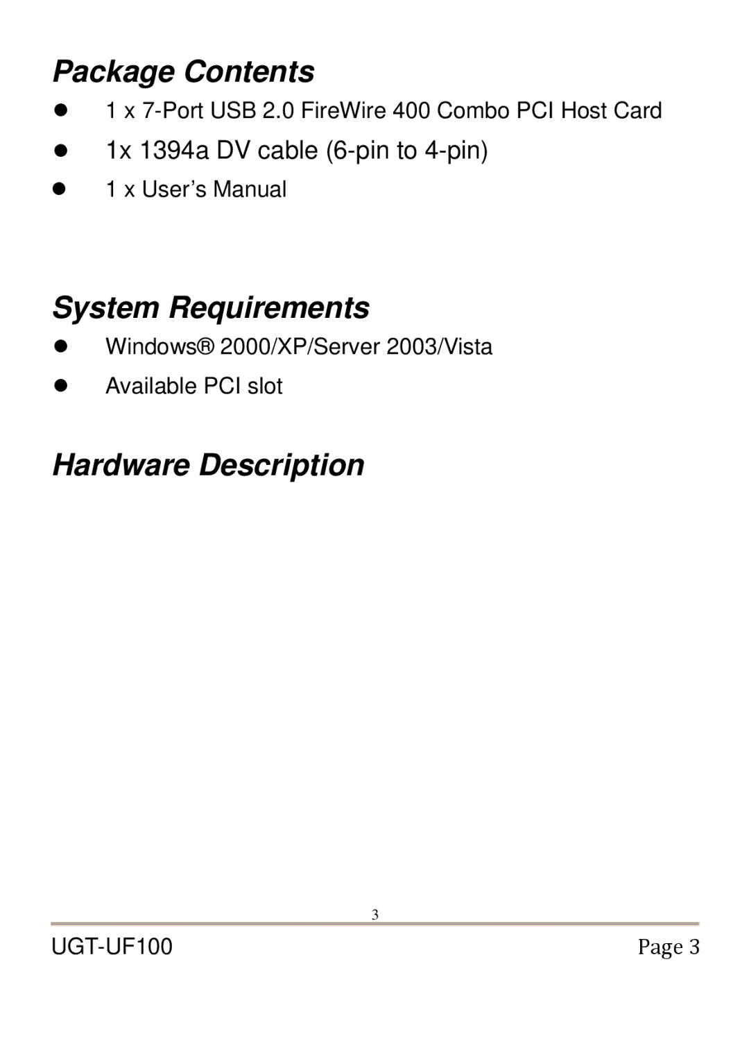 Vantec UGT-UF100 user manual Package Contents, System Requirements, Hardware Description 