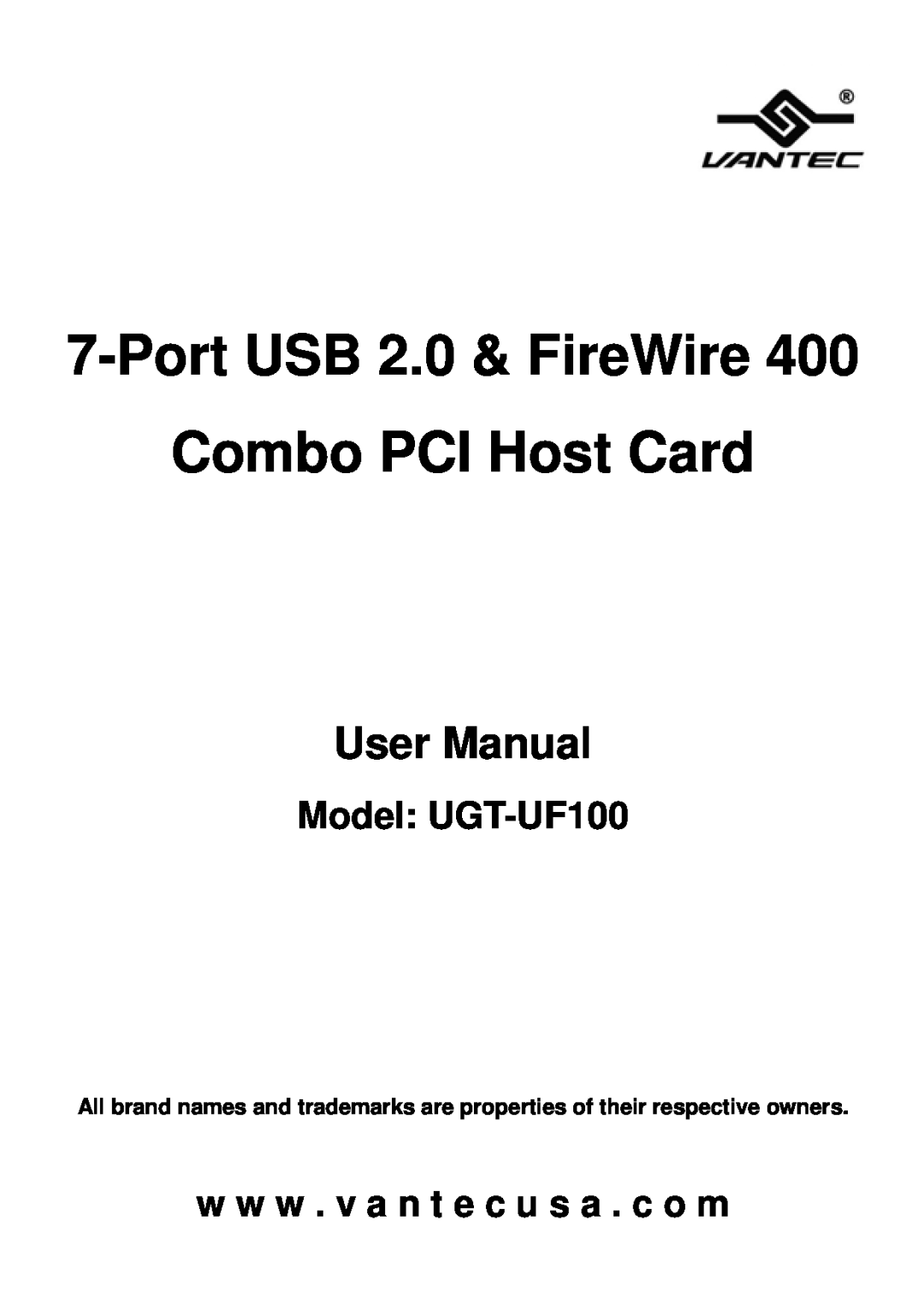 Vantec user manual Port USB 2.0 & FireWire, Combo PCI Host Card, User Manual, Model UGT-UF100 