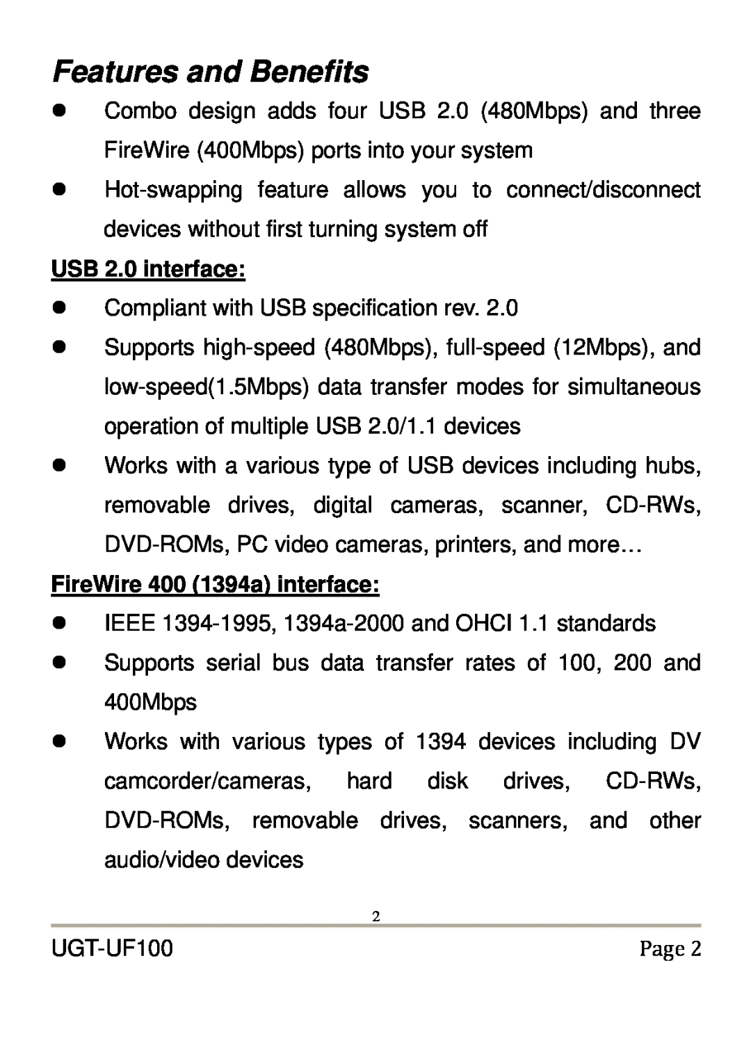 Vantec UGT-UF100 user manual Features and Benefits, USB 2.0 interface, FireWire 400 1394a interface 