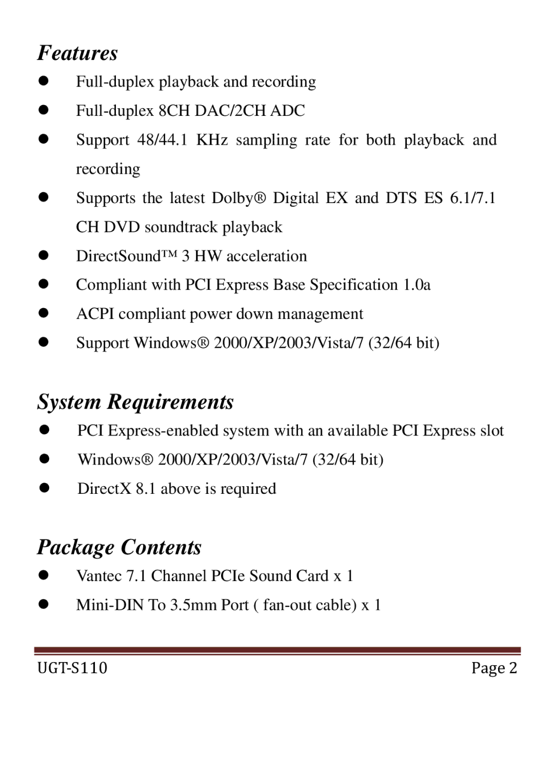 Vantec UGTS110 user manual Features, System Requirements, Package Contents 