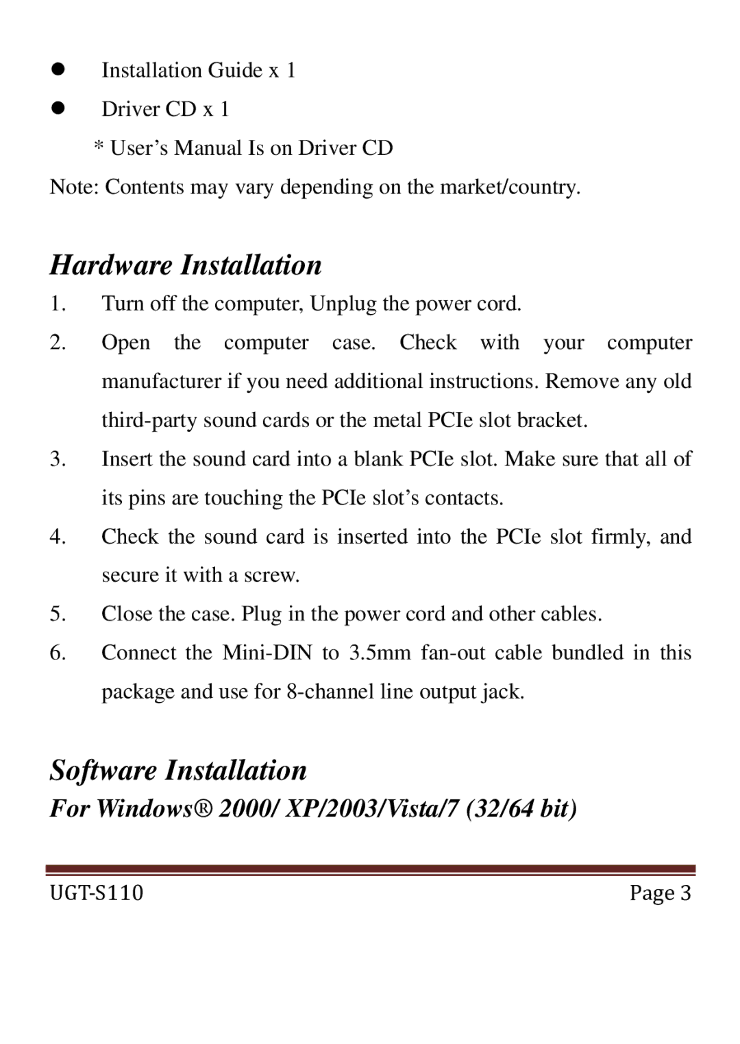 Vantec UGTS110 user manual Hardware Installation, Software Installation 