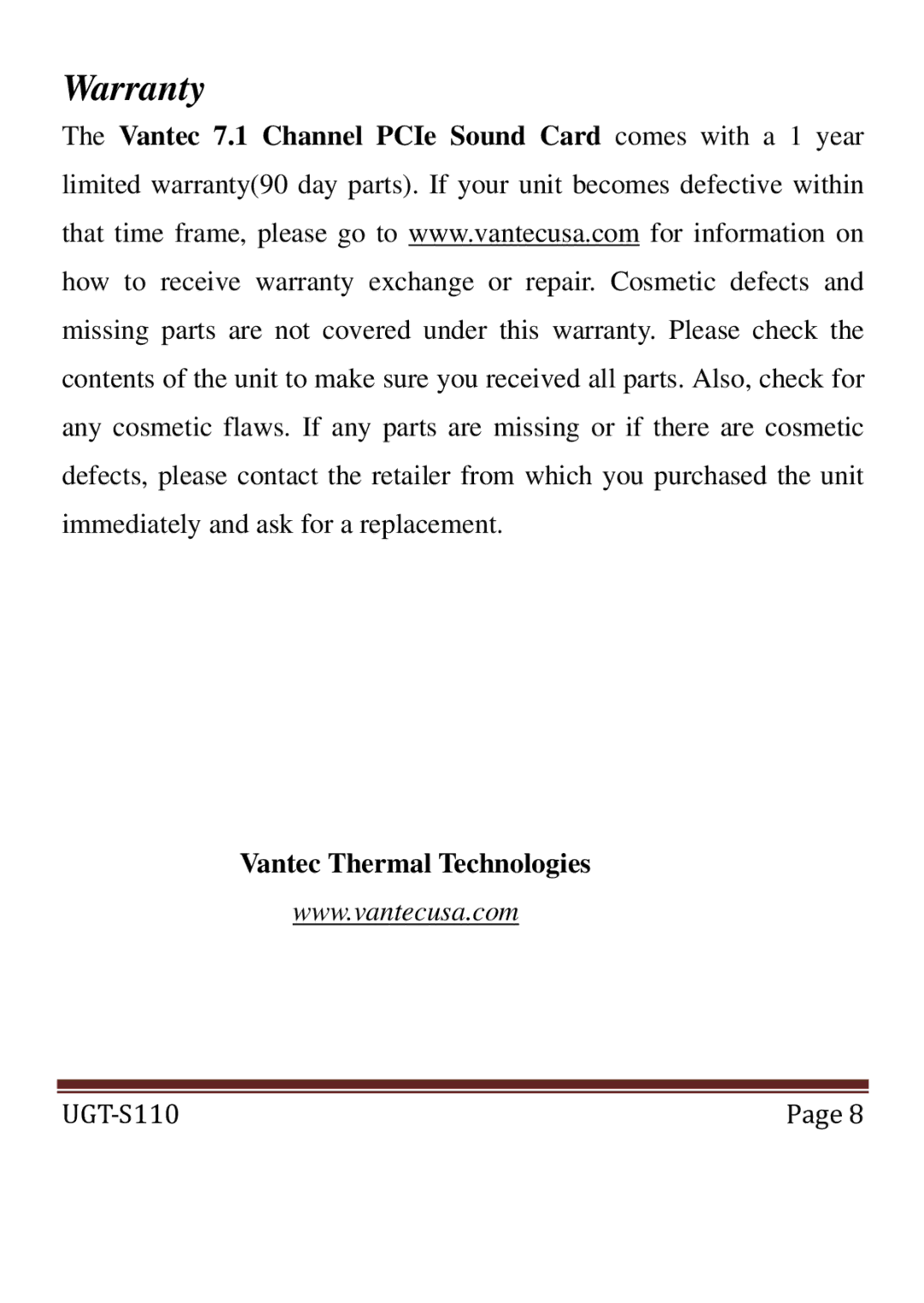 Vantec UGTS110 user manual Warranty 