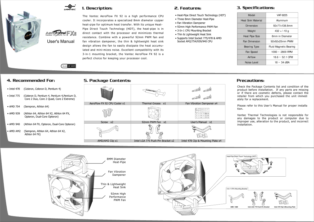 Vantec VAF-9225 manual Model 