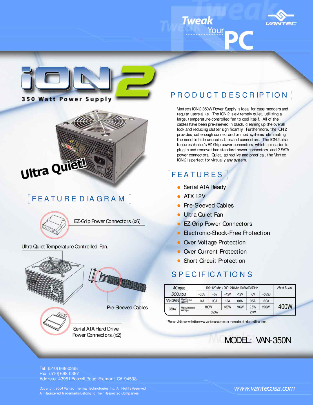 Vantec VAN-350N specifications Feature Diagram, Product Description, Features, Specifications, Atx 