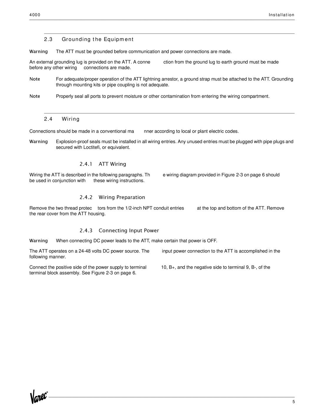 Varec 4000 manual Grounding the Equipment, ATT Wiring, Wiring Preparation, Connecting Input Power 