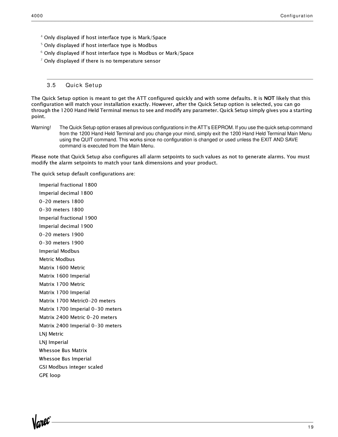 Varec 4000 manual Quick Setup 