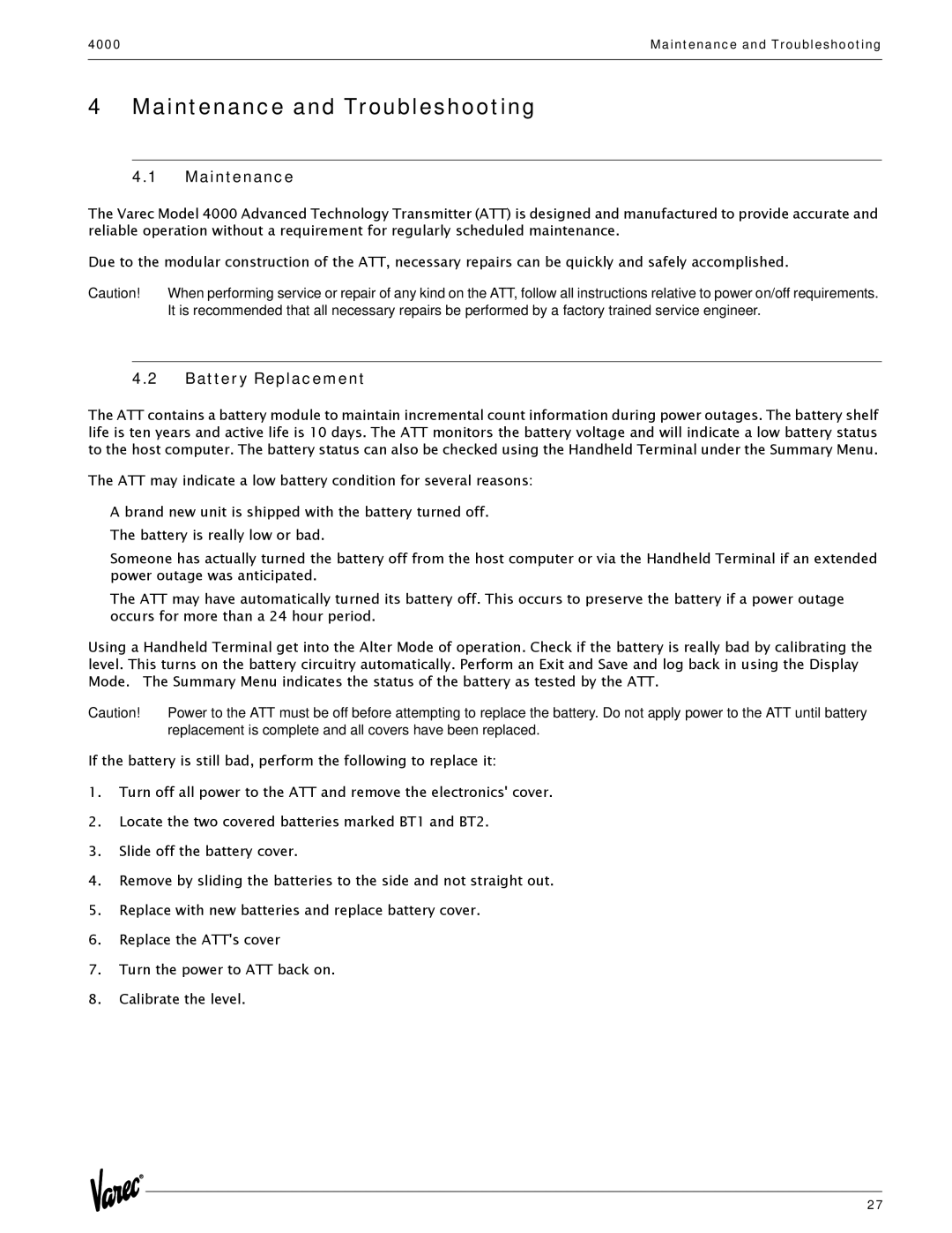 Varec 4000 manual Maintenance and Troubleshooting, Battery Replacement 