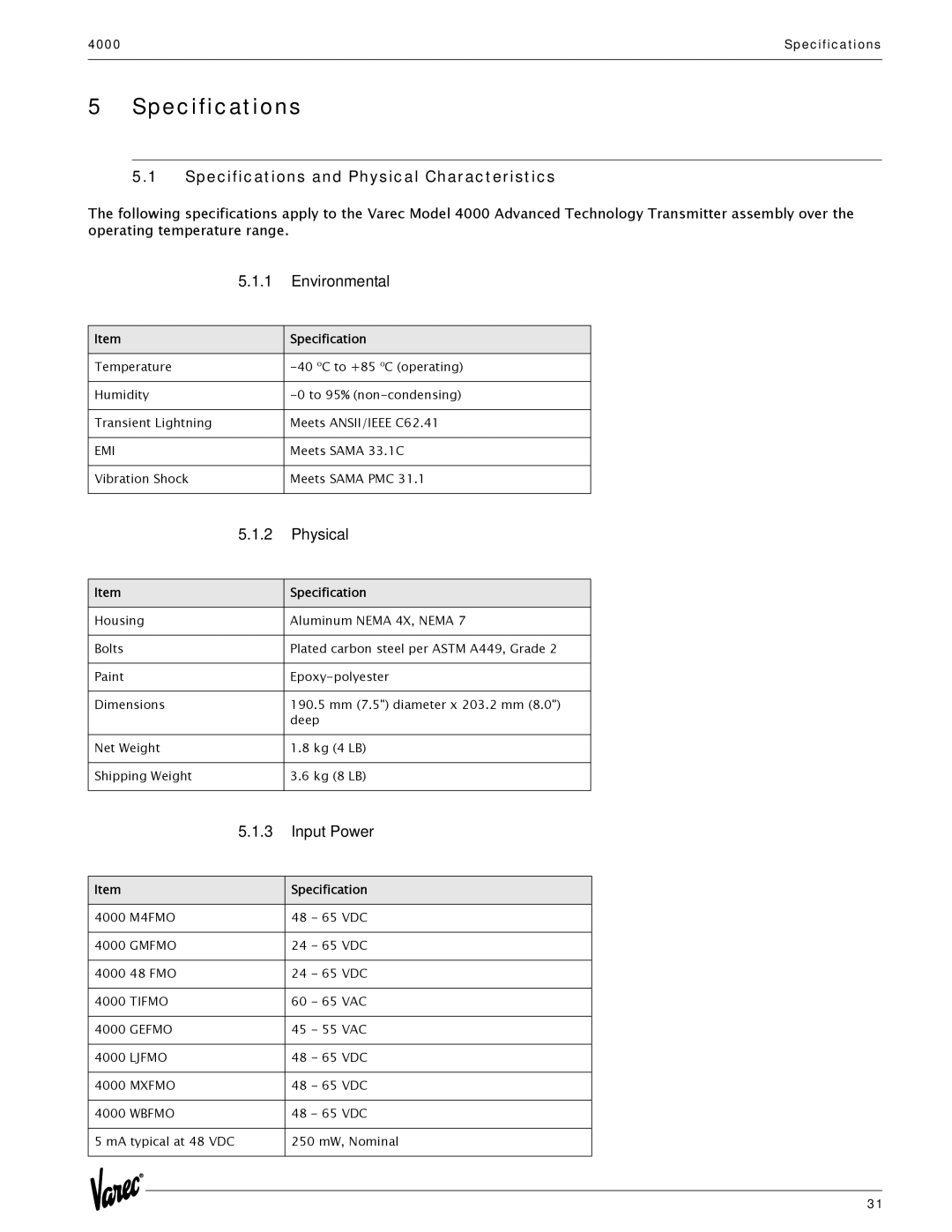 Varec 4000 manual Specifications and Physical Characteristics, Environmental, Input Power 