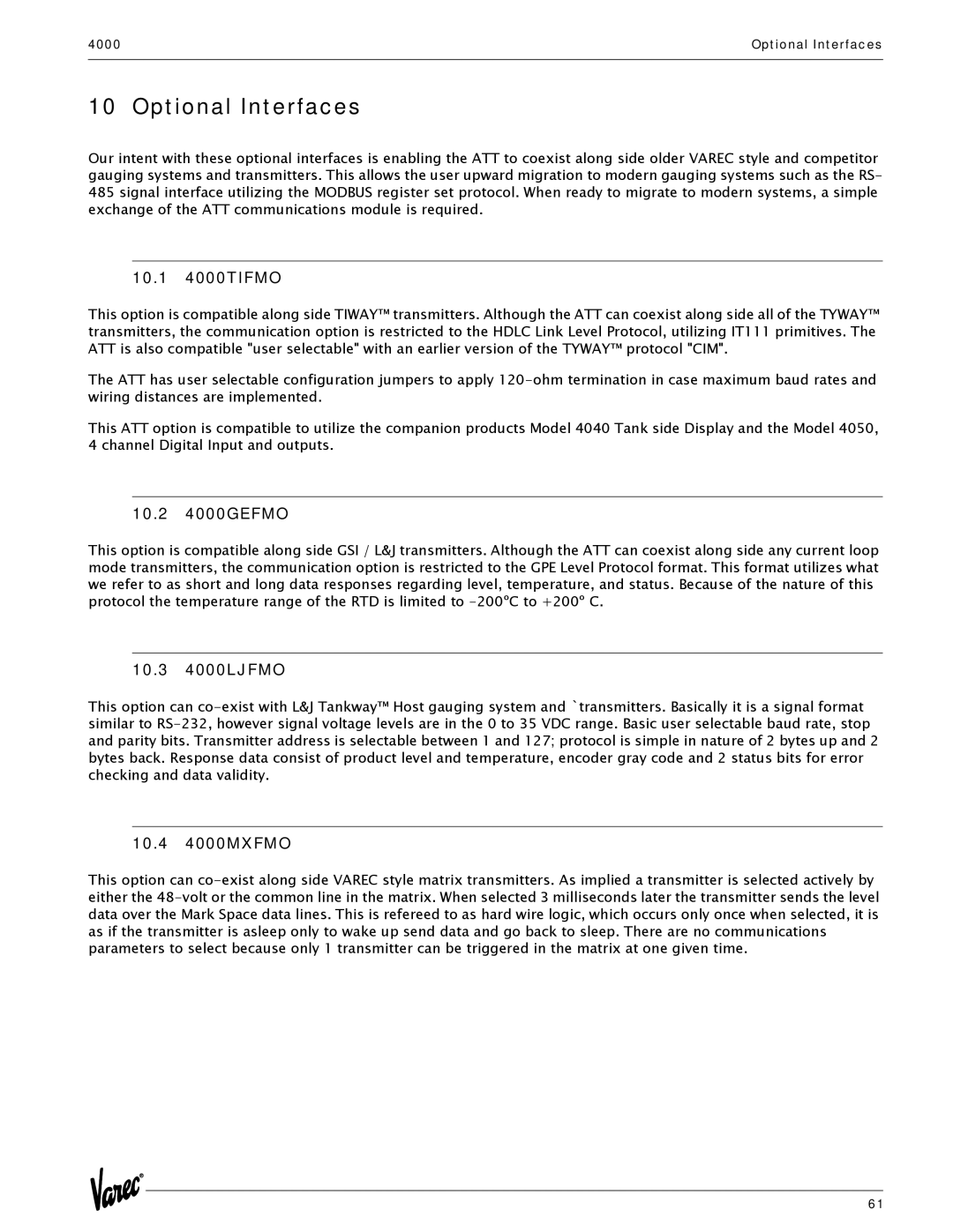 Varec manual Optional Interfaces, 10.1 4000TIFMO, 10.2 4000GEFMO, 10.3 4000LJFMO, 10.4 4000MXFMO 