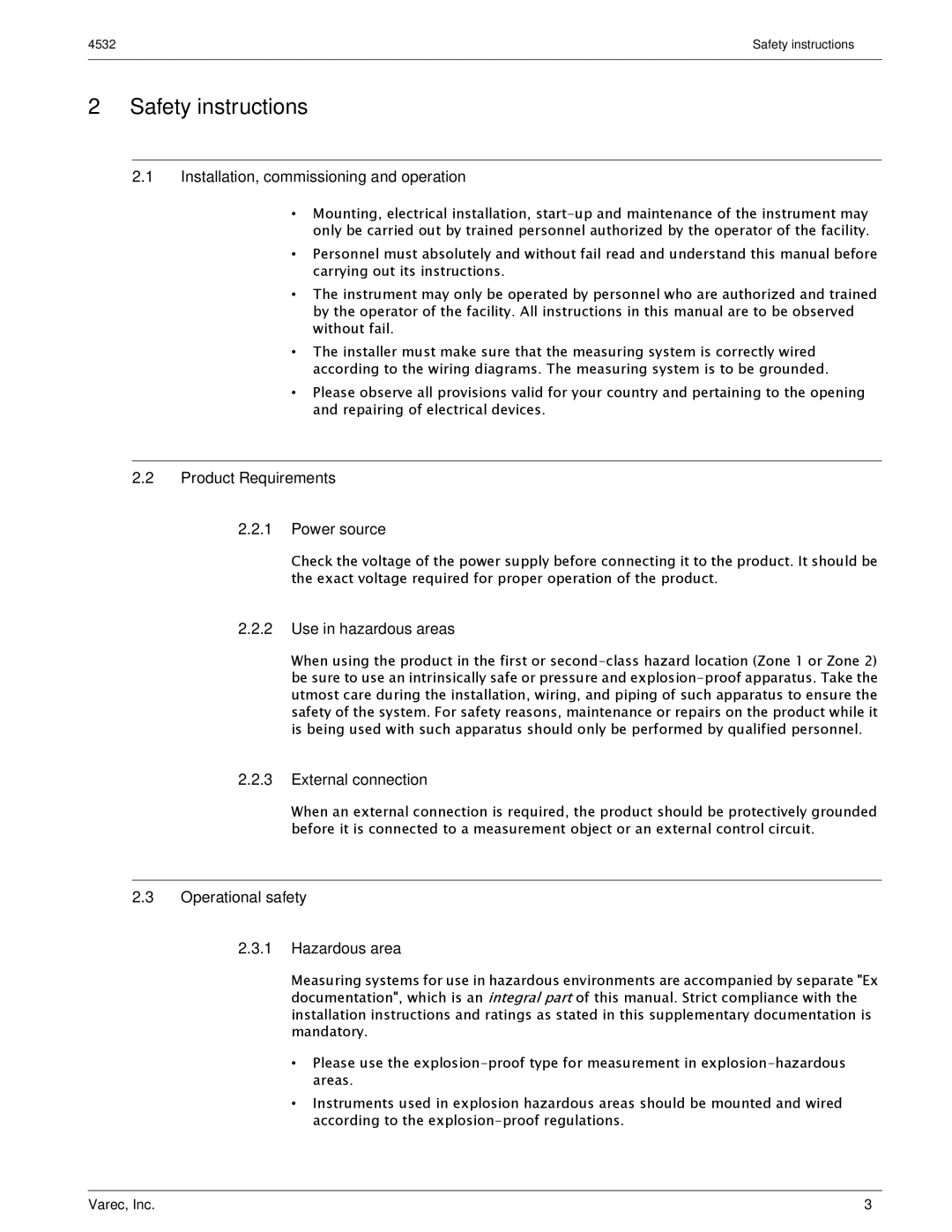 Varec 4532 manual Safety instructions 