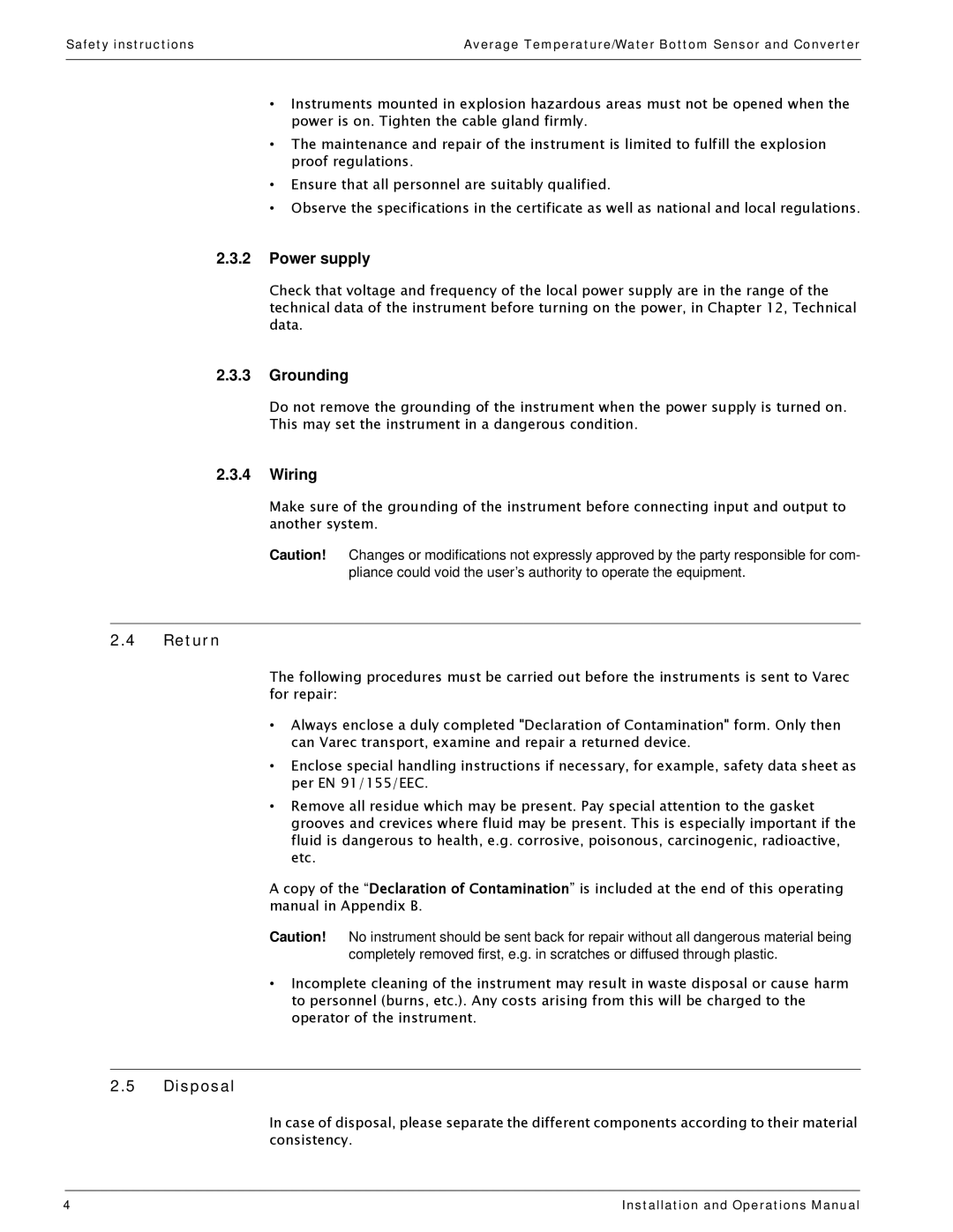 Varec 4532 manual Power supply, Grounding, Wiring, Return, Disposal 
