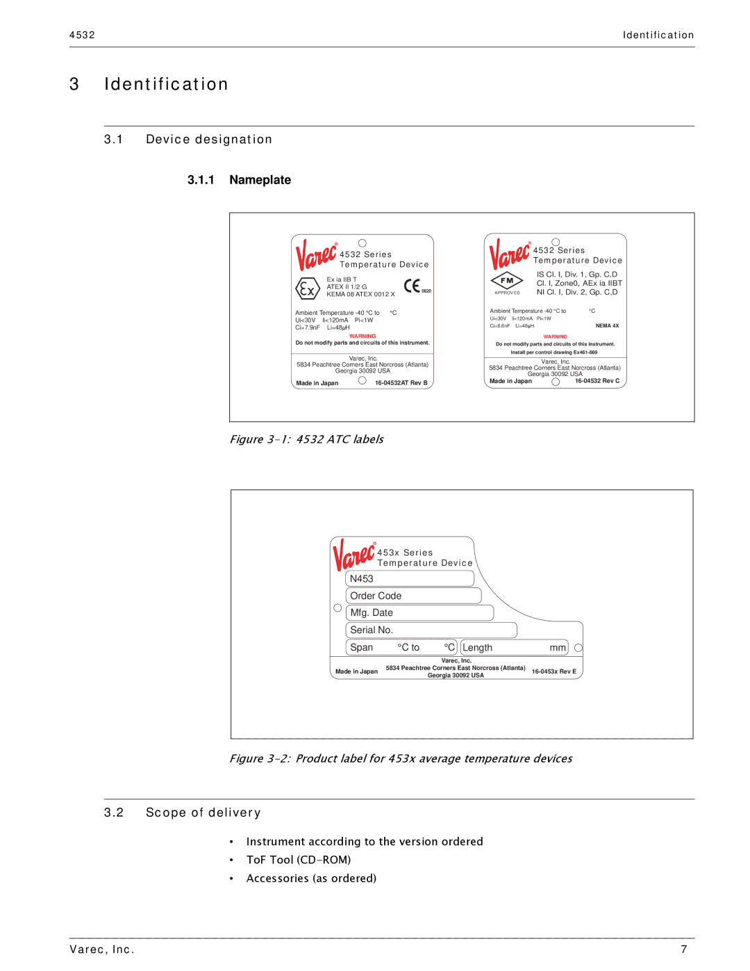 Varec 4532 manual Identification, Device designation Nameplate, Scope of delivery 