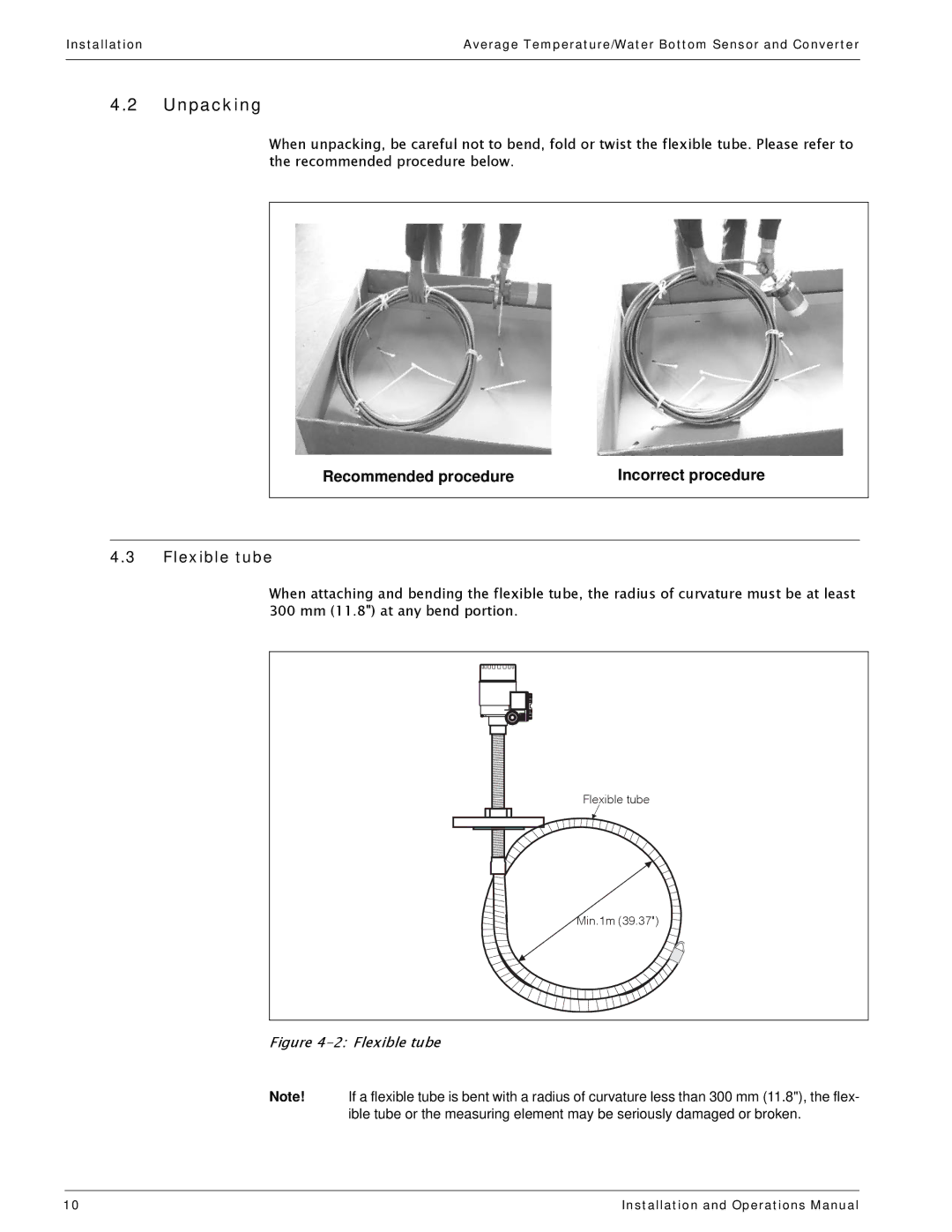 Varec 4532 manual Unpacking, Recommended procedure Incorrect procedure Flexible tube 