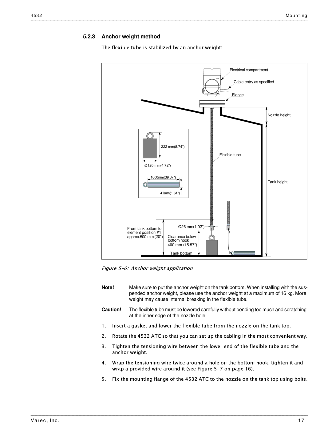 Varec 4532 manual Anchor weight method, Flexible tube is stabilized by an anchor weight 