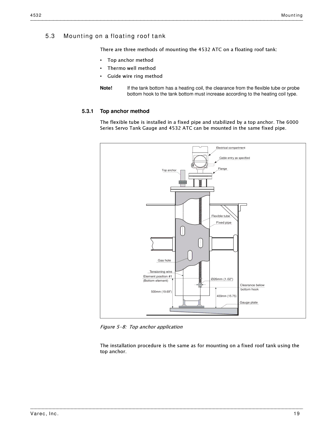 Varec 4532 manual Mounting on a floating roof tank, Top anchor method 