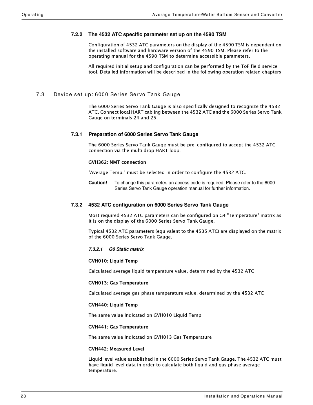 Varec 4532 manual ATC specific parameter set up on the 4590 TSM, Device set up 6000 Series Servo Tank Gauge 