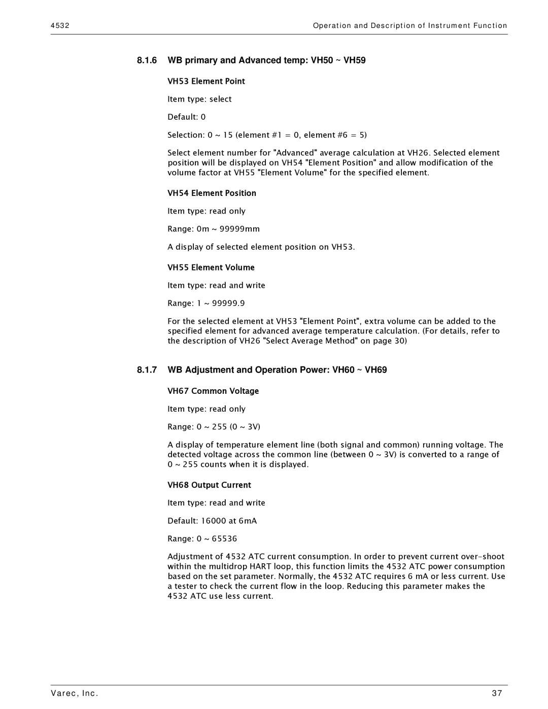 Varec 4532 manual WB primary and Advanced temp VH50 ~ VH59, WB Adjustment and Operation Power VH60 ~ VH69 