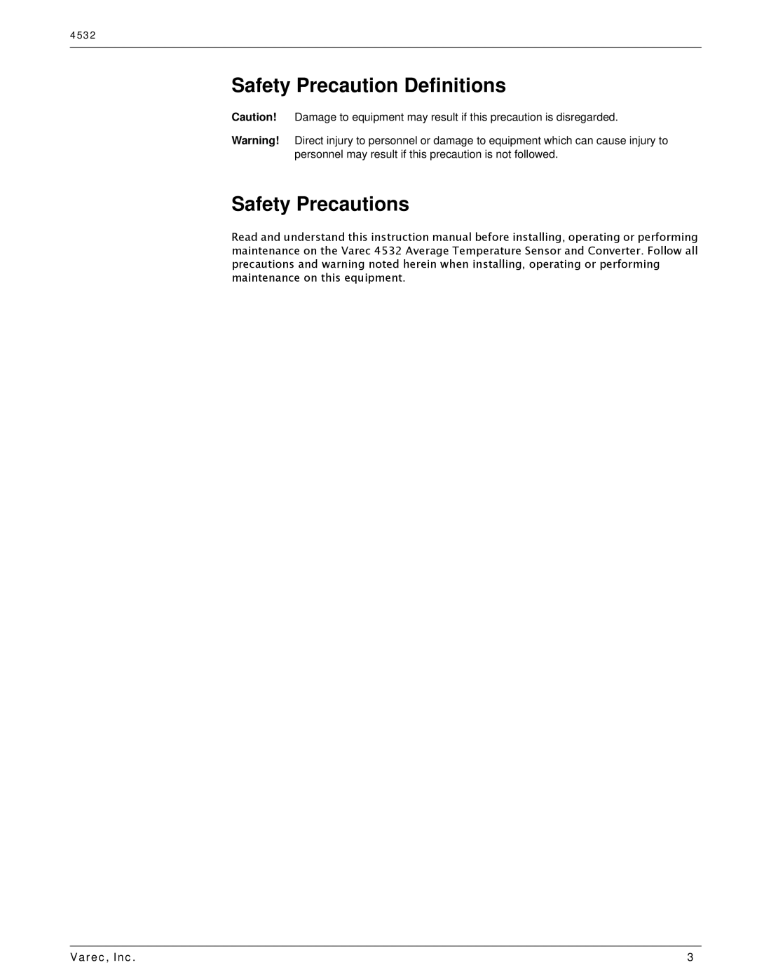 Varec 4532 manual Safety Precaution Definitions Safety Precautions 