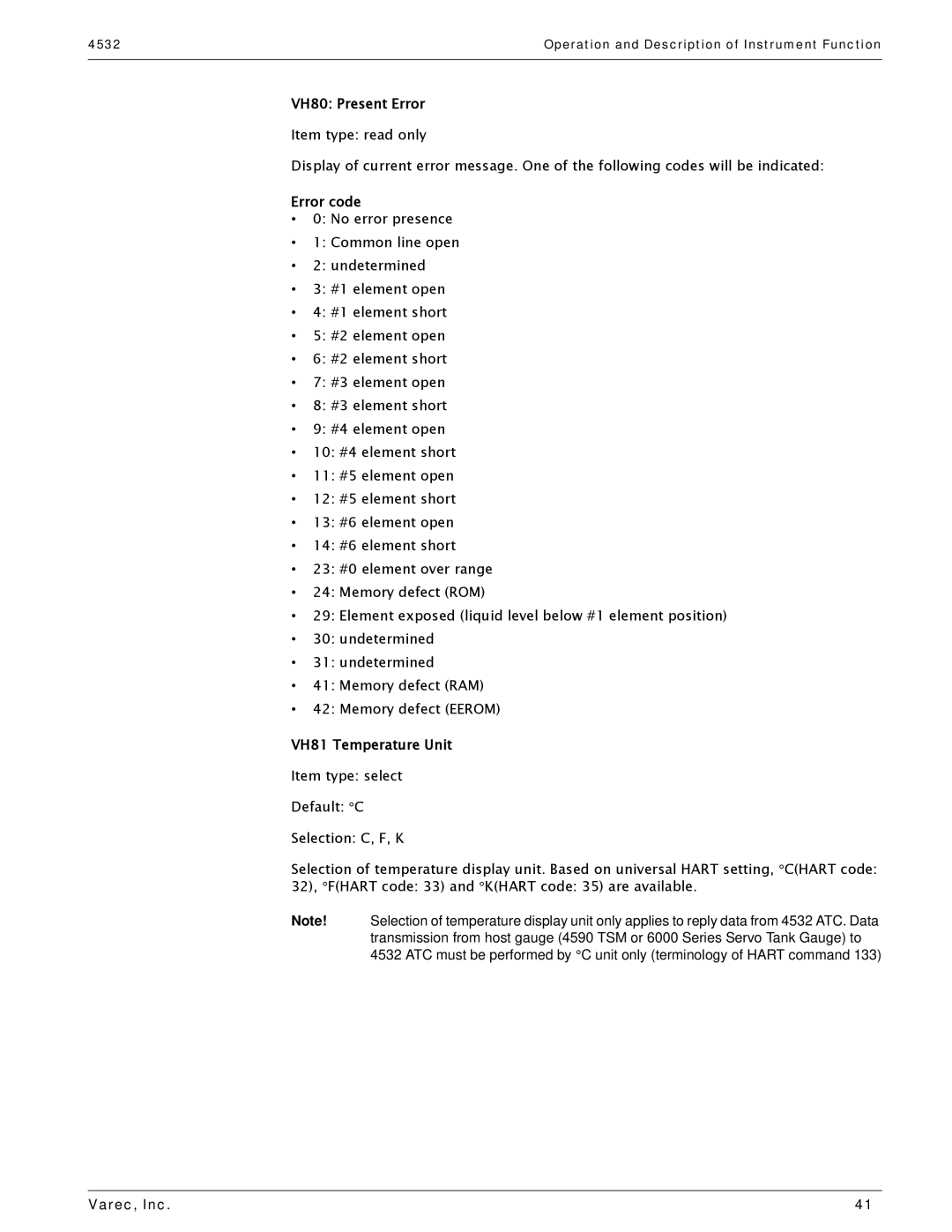 Varec 4532 manual VH80 Present Error, Error code, VH81 Temperature Unit 