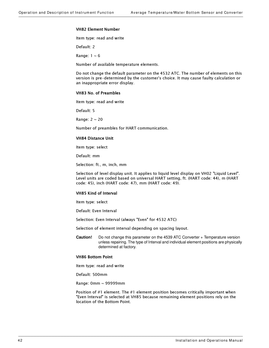 Varec 4532 manual VH82 Element Number, VH83 No. of Preambles, VH84 Distance Unit, VH85 Kind of Interval, VH86 Bottom Point 