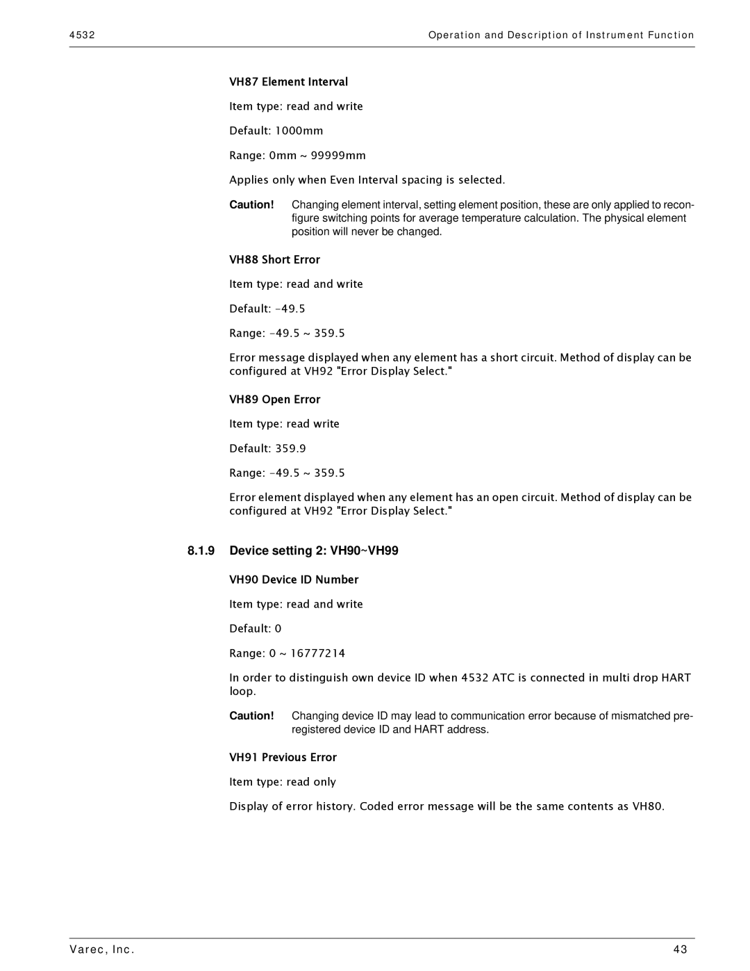 Varec 4532 manual Device setting 2 VH90~VH99, VH87 Element Interval, VH88 Short Error, VH89 Open Error 