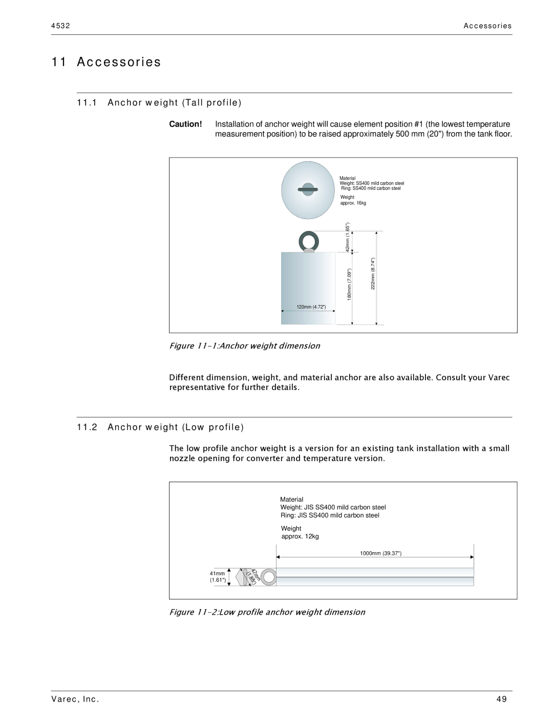 Varec 4532 manual Accessories, Anchor weight Tall profile, Anchor weight Low profile 