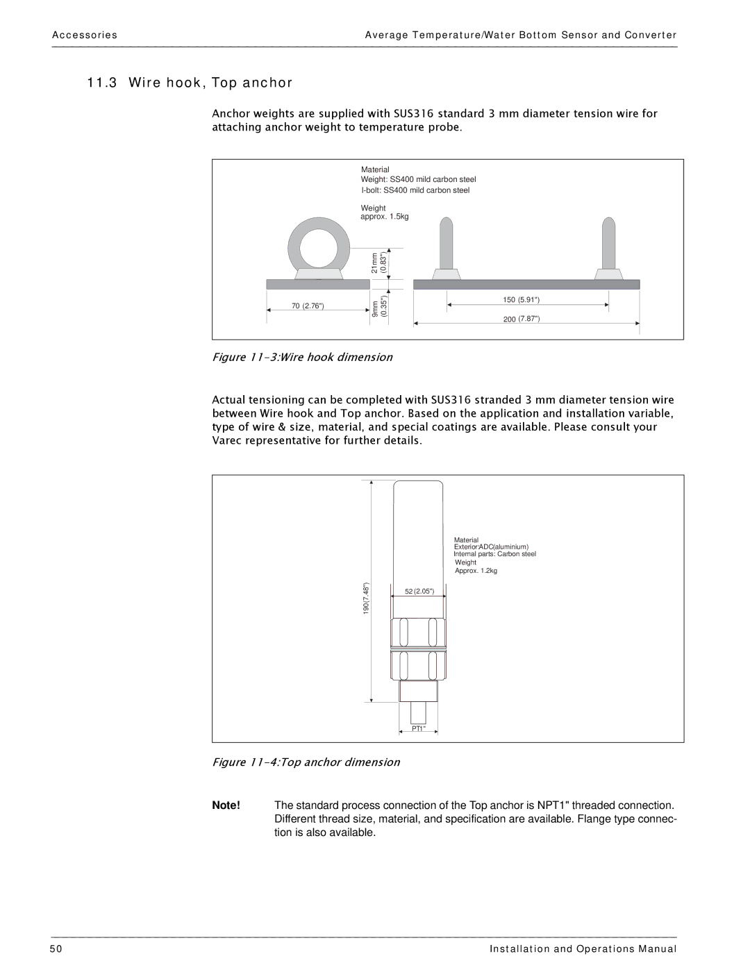 Varec 4532 manual Wire hook, Top anchor, 3Wire hook dimension 