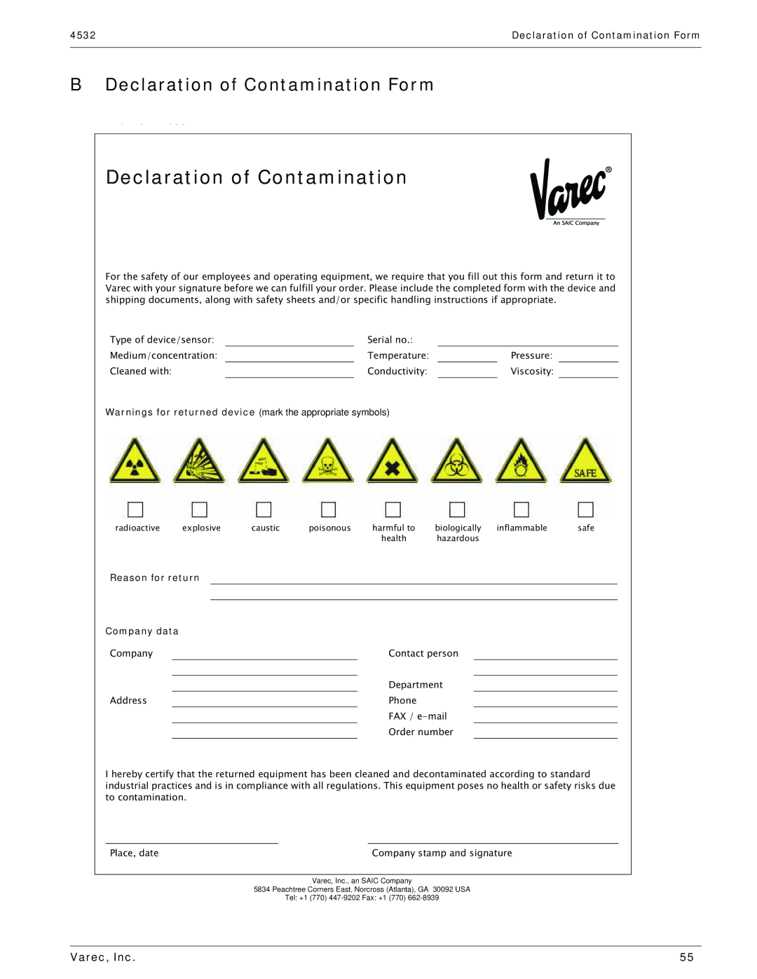 Varec 4532 manual Declaration of Contamination Form 