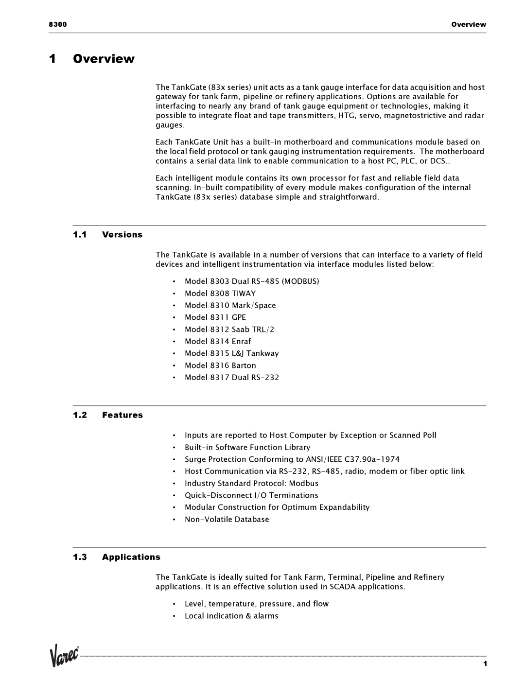 Varec 8315 Series manual Versions, Features, Applications 